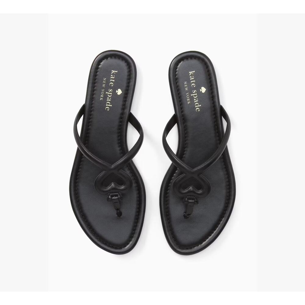 Kate Spade Pamela Black Napa Leather Heart Thong Sandal Flat Slide 9 39.5 Resort - Picture 5 of 13